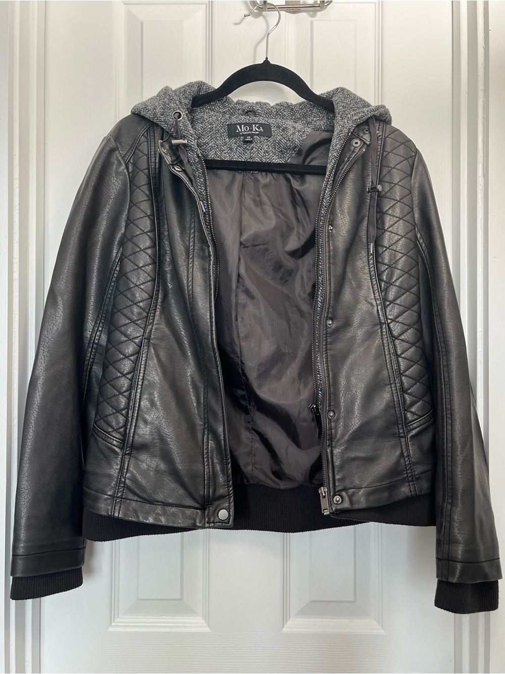 Mo-Ka Women's Black Quilted Faux Leather Jacket with Gray Knitted Hood size XS